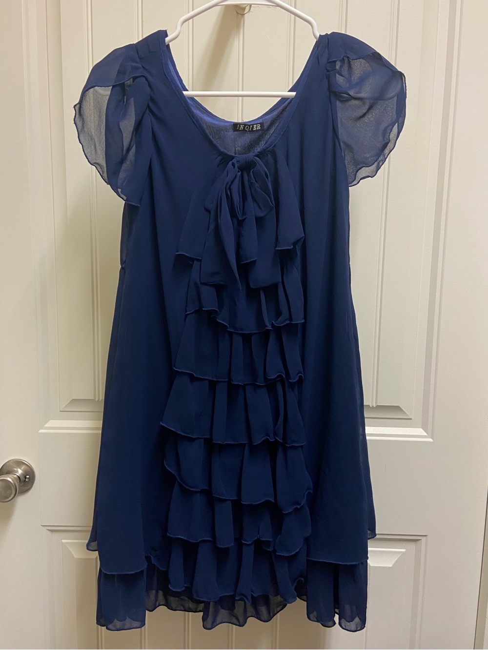 Vintage Navy Ruffled Chiffon Dress with Bow